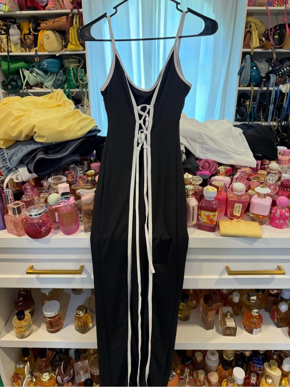 SHEIN Black Maxi Dress with White Lace-Up Detail